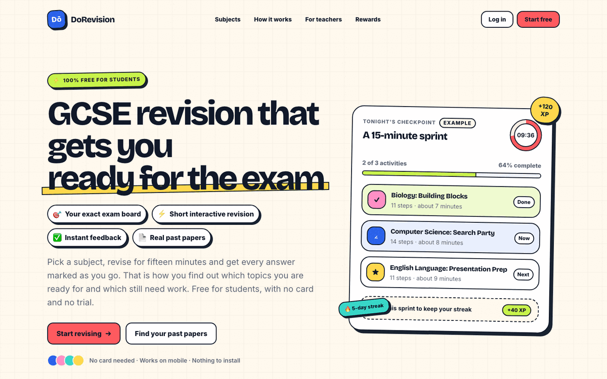 The DoRevision homepage, showing an example fifteen-minute revision sprint across three subjects.