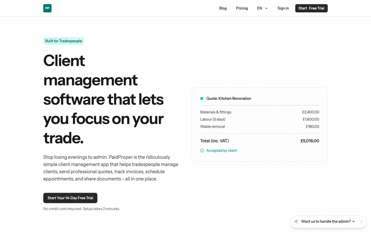 The PaidProper homepage, showing an example quote marked as accepted by the client.